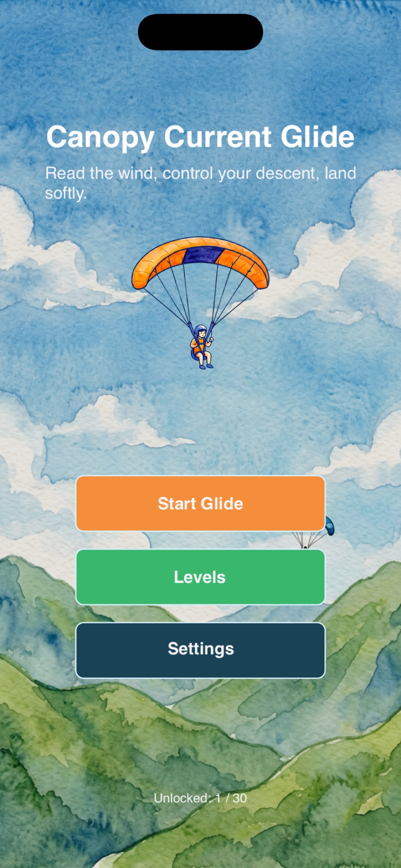 Main menu of Canopy Current Glide