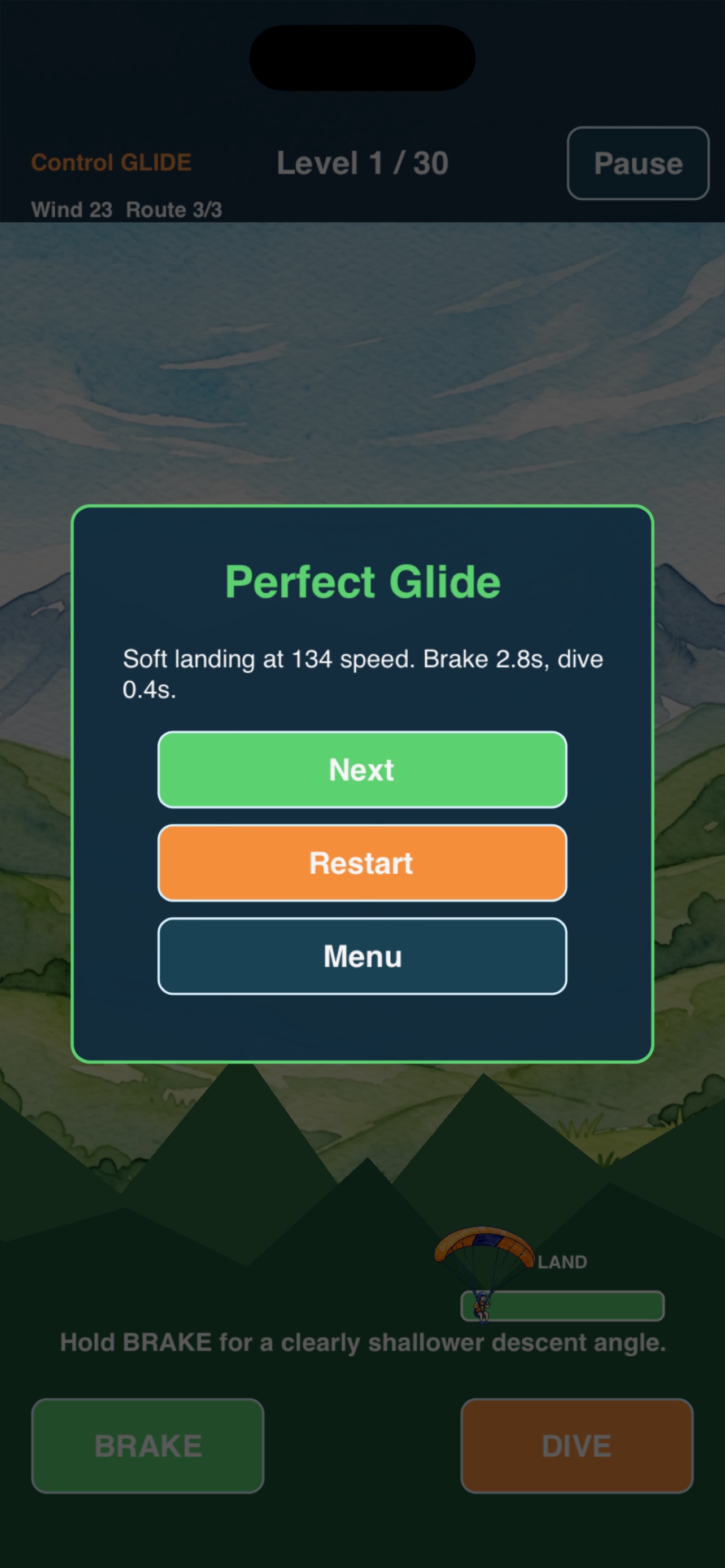 Soft landing success screen